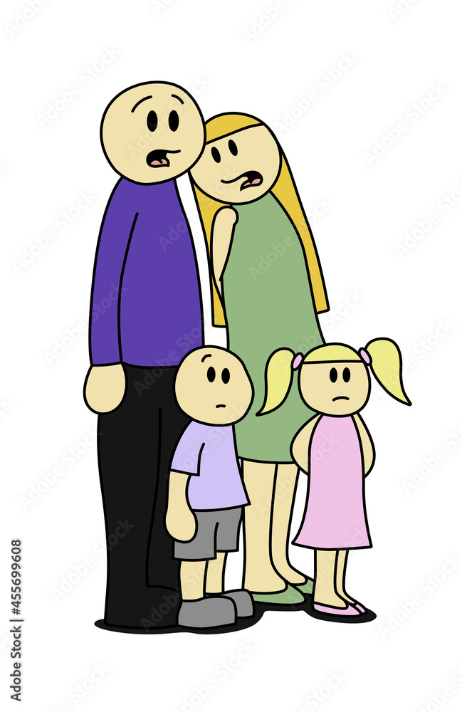 Cute family characters, mother, father, son and daughter standing and talking. Cartoon style vector illustration isolated on white background. Cute family characters, mother, father, son and daughter standing and talking. Cartoon style vector illustration isolated on white background.