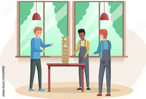Man playing jenga at home together. People with board game indoor. Male character is playing with logic game on weekend. Guy collects wooden tower from bricks. Wooden blocks stacked in high tower