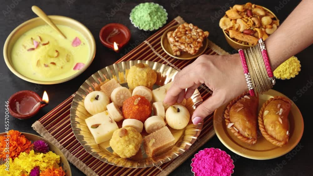 Indian Woman Taking Diwali Sweets Gujiya Peda Barfi Indian Sweet Dessert Mithai Festival