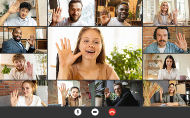 Group of multiethnic men and women meeting via group video call share ideas brainstorming use video conference. Collage, teamwork, teambuilding