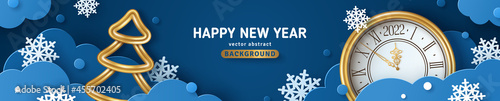 Happy New Year 2022 and Merry Christmas banner or party invitation background with paper clouds, fir tree, snowflakes and gold clock. Vector illustration. Place for text. Blue origami promo header