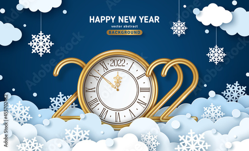 Happy New Year 2022 and Merry Christmas banner or party poster background with paper cut clouds, snowflakes and golden clock logo. Vector illustration. Place for text. Blue origami promo template