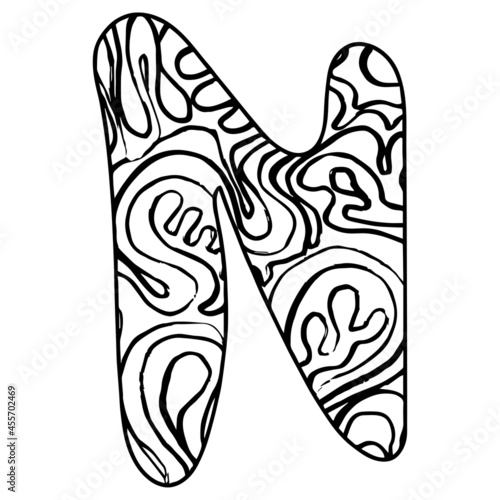 Zentangle stylized alphabet - letter N. vector illustration Black white hand drawn doodle, ethnic pattern