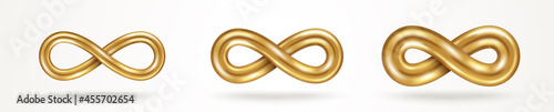 Infinity gold symbols set isolated on white background, various thickness. Vector illustration. Endless sign, 3d golden loop, 8 icon logo creative concept design template.