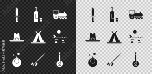 Set Military knife, Whiskey bottle and glass, Retro train, Bomb ready to explode, Native American indian smoking pipe, Banjo, Western cowboy hat and Indian teepee or wigwam icon. Vector