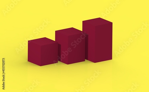 the concept of the growth of something. Three red columns on a yellow background. 3d image. 3d rendering.