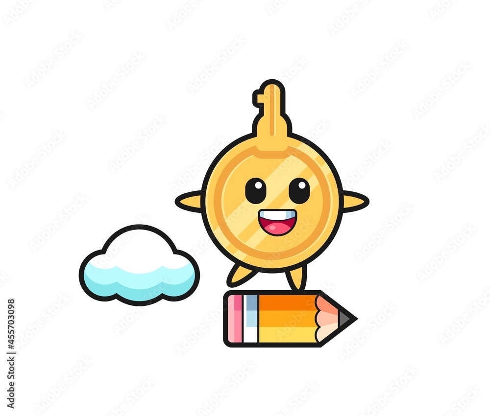 key mascot illustration riding on a giant pencil key mascot illustration riding on a giant pencil