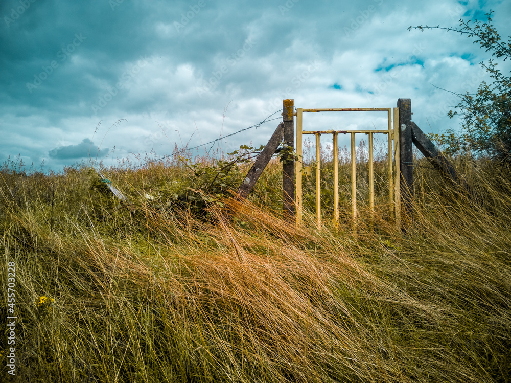 closed gate in open field under blue sky
