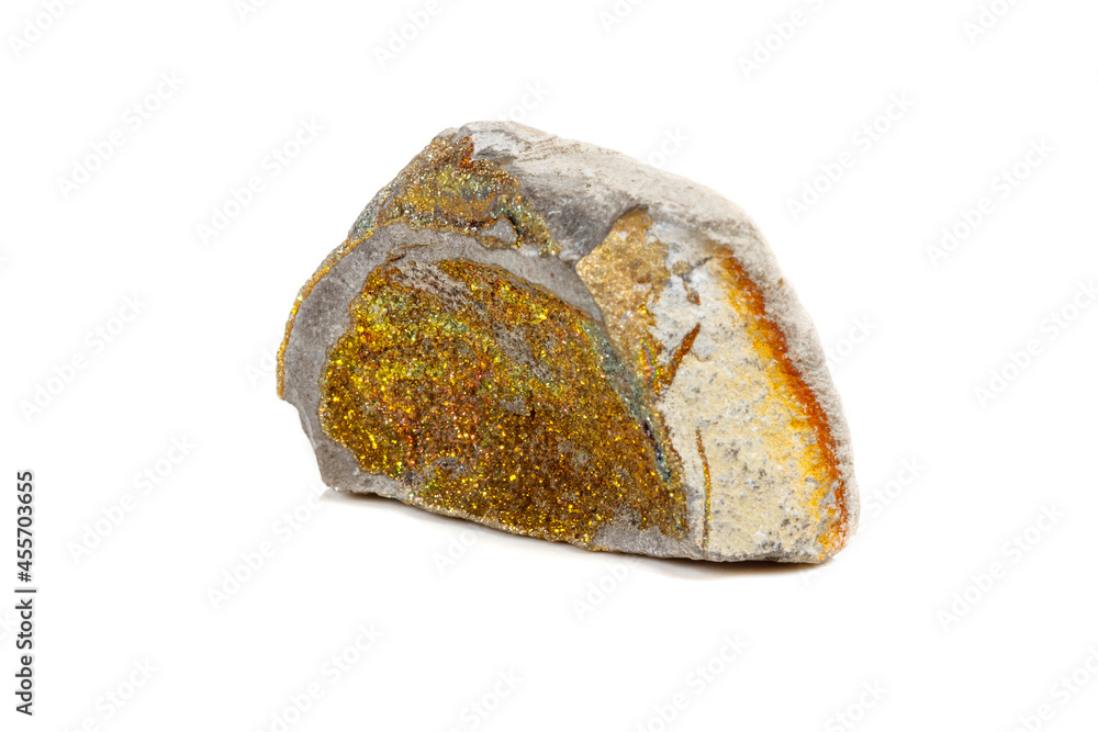 Macro mineral stone Pyrite rainbow on a white background