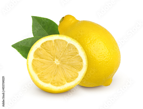 Lemon fruit and sliced with leaves isolated on white background, Juicy lemon.