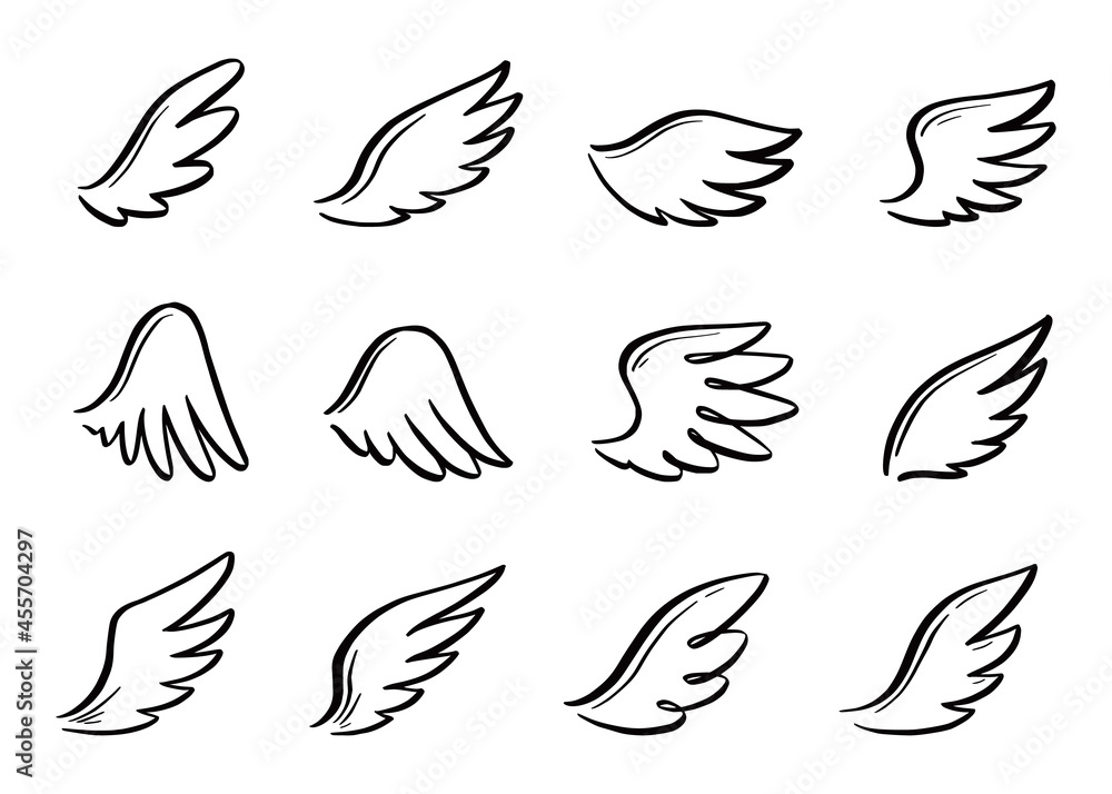 Fototapeta premium Angel doodle wing set. Hand drawn sketch style wing. Bird feather, angel concept vector illustration. Pencil line drawing.