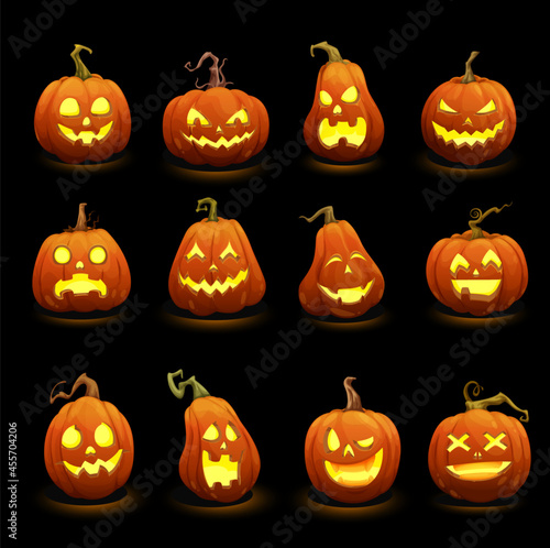 Cartoon Halloween burning pumpkins. Jack o lanterns scary monster characters. Halloween pumpkins with carved spooky, angry screaming and creepy smiling with sharp teeth mouth faces glowing in darkness