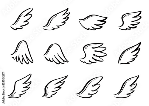 Angel doodle wing set. Hand drawn sketch style wing. Bird feather, angel concept vector illustration. Pencil line drawing.