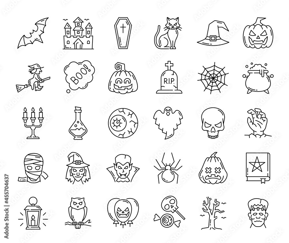 Fototapeta premium Halloween ghost, pumpkin and witch, spider web and scary characters, vector outline icons. Halloween cat and bat with spooky candy and horror monsters, witch hat and skull with candle for creepy party