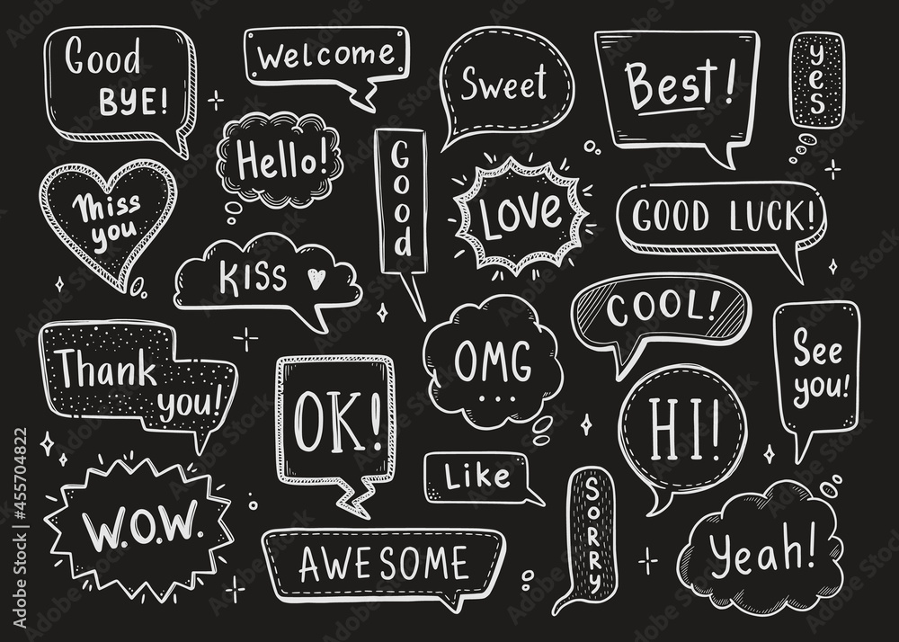 Fototapeta premium Comic speech bubble set with dialog word hi, ok, bye, welcome. Hand drawn sketch doodle style and chalkboard background. Vector illustration speech bubble chat, message element.