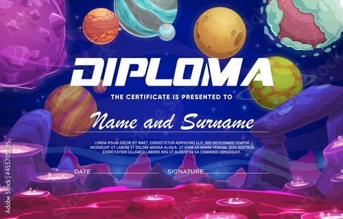 Kids diploma, cartoon space red planet surface with craters, vector education certificate. Kindergarten appreciation or school diploma with fantasy martian universe and meteors on lava planet