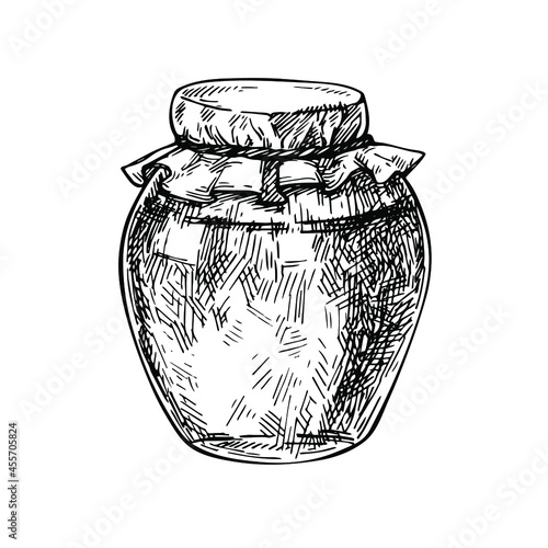 Sketch glass jar with honey, jam, jelly. Hand drawn canning 