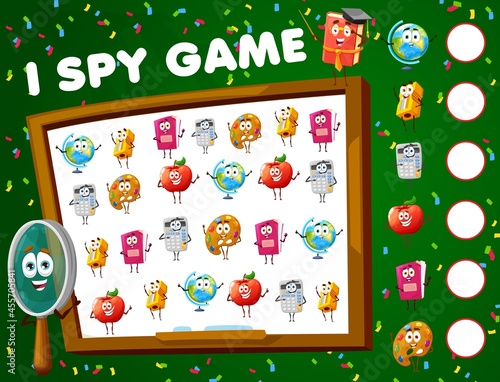 I spy game, math game worksheet with school characters, vector find and match riddle. Kids tabletop puzzle or I spy game with school mathematics books, algebra calculator, apple and pencil sharpener