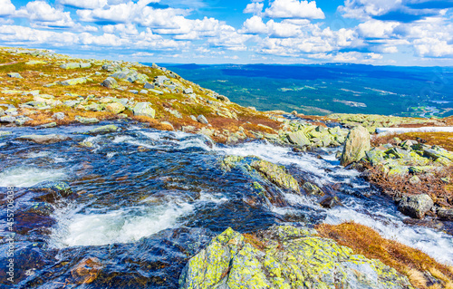 Hydalen panorama view from top of Hydnefossen waterfall Norway Hemsedal. photo