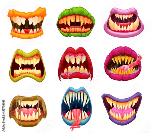 Cartoon monster mouth, teeth and tongue, jaws with sharp fangs. Halloween masks with horror creatures, beasts or monsters scary maws, scary zombie or ghoul, vampire opened mouth with dripping saliva