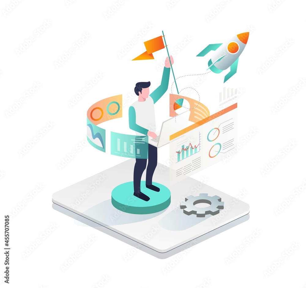 Isometric illustration design concept. a man launches a rocket and looks successful