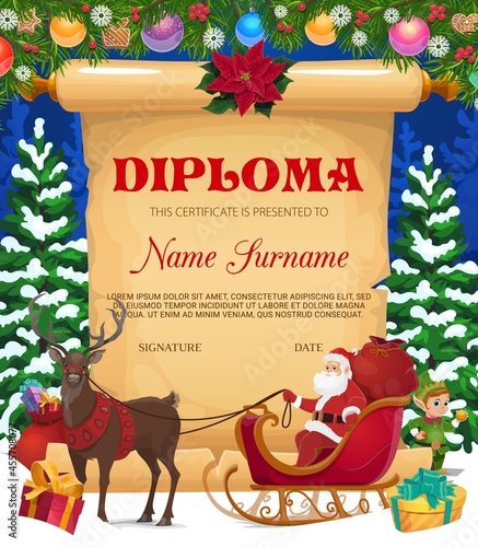 Kids Christmas diploma or certificate template with Santa character. Child education graduation certificate, holiday invitation. Santa in sleigh with reindeer, Christmas tree and gifts cartoon vector