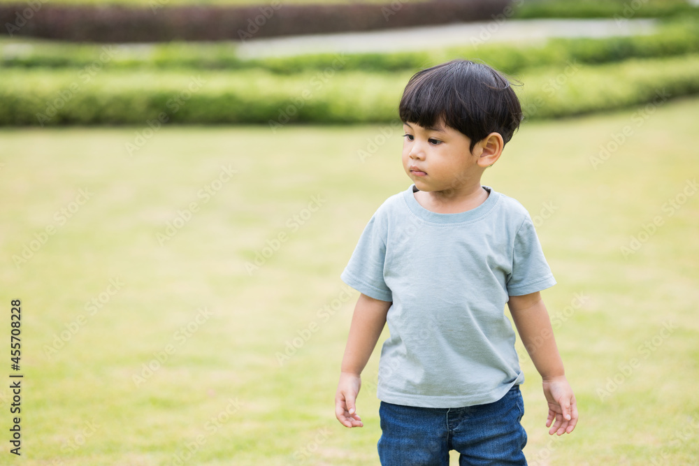 Child walking on the grass. Asian Little boy wear a blue shirt walking around. Children playing in the playground with sunlight. Child walking on the grass. Asian Little boy wear a blue shirt walking around. Children playing in the playground with sunlight.