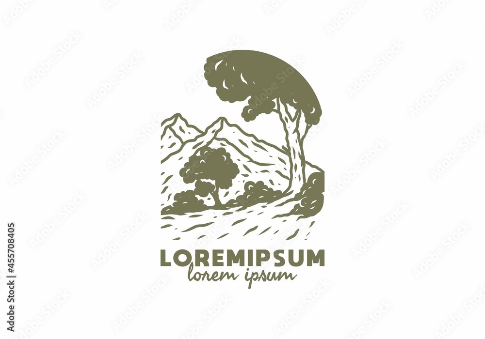 Fototapeta premium Mountain and trees illustration drawing with lorem ipsum text