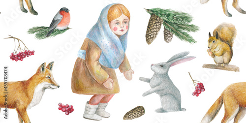 Watercolor illustration of a girl and animals. Forest dwellers with a man. Seamless watercolor pattern. Winter fairy tale for children. Christmas drawing. Print for design of fabric, wrapping paper.
