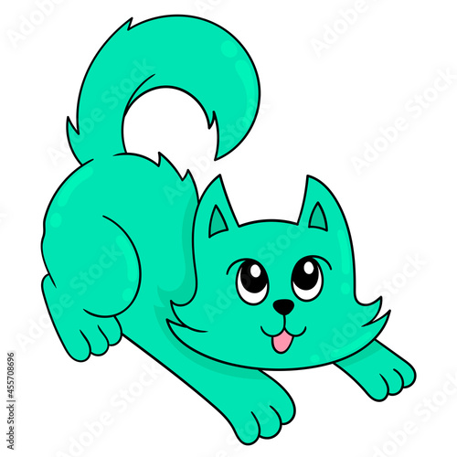 cute cat is moving and stretching, doodle icon image kawaii