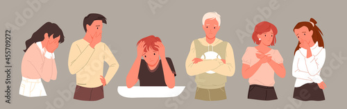 Sad depressed people set, mental health anxiety problem vector illustration. Cartoon unhappy depressed male female teen character with despair depression expression in face isolated on gray background