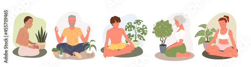 People relax in yoga meditation set vector illustration. Cartoon young man woman characters meditate in lotus position, yoga calm zen poses for concentration and relaxation at home isolated on white