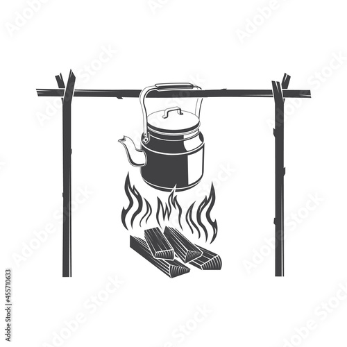 Vintage coffee pot on camping fire silhoutte Vector illustration. Wonderful evening atmospheric background of campfire. Romantic warm place with fire. The concept of adventure, travel, tourism
