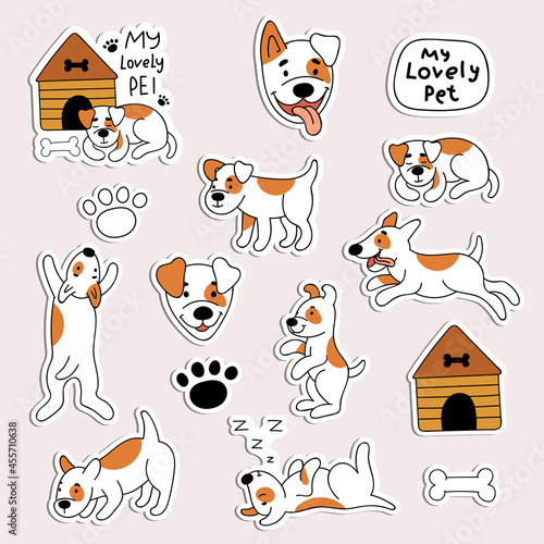 A set of stickers with cute dogs. Pets, animals, puppy. Doodle style illustration