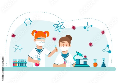 The student and the teacher conduct biochemical studies under a microscope. Chemistry. Laboratory. Analysis. Flu. Virus. Health. Medicine.