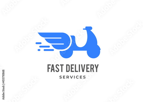 Blue delivery logo. Scooter, bike with wings, emblem and icon concept design