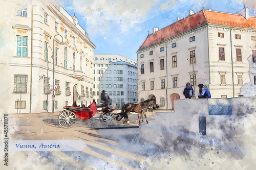 Photography city life of Vienna, Austria,  in sketch style