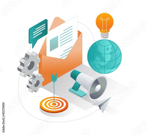 Isometric illustration design concept. email marketing and promotion strategy2