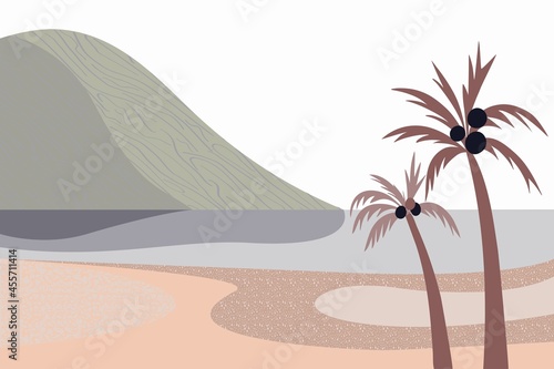 Landscape in brown tones, sky, mountains, river, palm trees,  style of minimalist , hand drawn, panorama, vector. Use for packaging, wallpaper, design for textiles, postcard, concept, clipart.