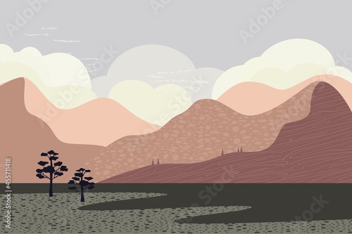 Landscape in brown tones, sky, mountains,  trees,  style of minimalist , hand drawn, texture, panorama, vector. Use for packaging, wallpaper, design for textiles, postcard, concept, clipart.