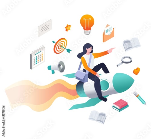 Isometric illustration design concept. go to school using a rocket with learning tools