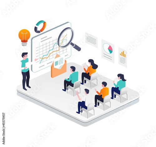 Isometric illustration design concept. investment or stock learning and training classes