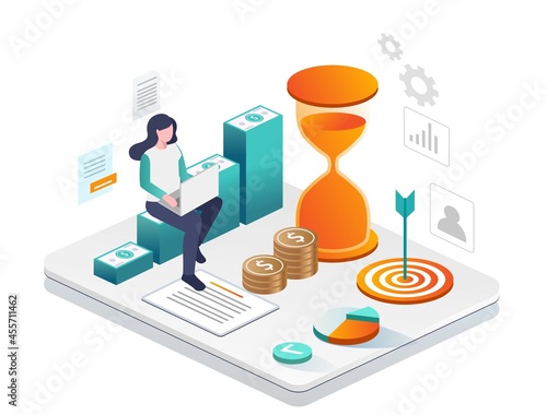 Isometric illustration design concept. investors and stockholders sitting on banknotes