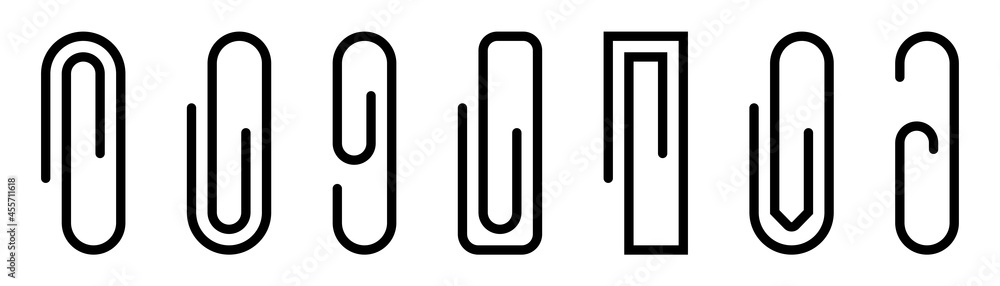 Paper clip icons set. Black paperclip collection. Attach symbol. Document staple icons