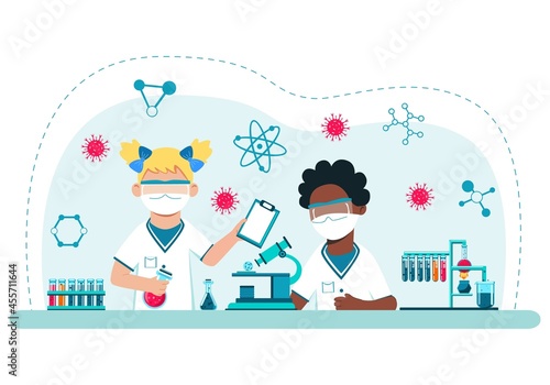 Students conduct biochemical research under a microscope. Chemistry. Lab. Analysis. Flu. Virus. Health. Medicine. Ethnicity.