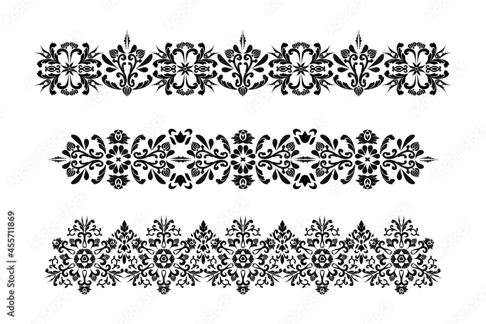  Set of vector vintage patterns for the design of frames, menus, wedding invitations or labels, for laser cutting, creating patterns in wood, marquetry. Digital graphics. Black and white.