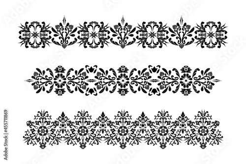 Set of vector vintage patterns for the design of frames, menus, wedding invitations or labels, for laser cutting, creating patterns in wood, marquetry. Digital graphics. Black and white.