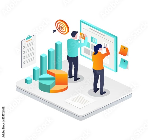 Isometric illustration design concept. compiling a scrum board for business development planning