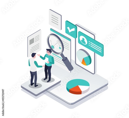 Isometric illustration design concept. currently discussing analysts and recruiting employees