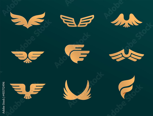 Collection of gold wings logos, icons and symbols. Fast delivery, motion and speed concept.